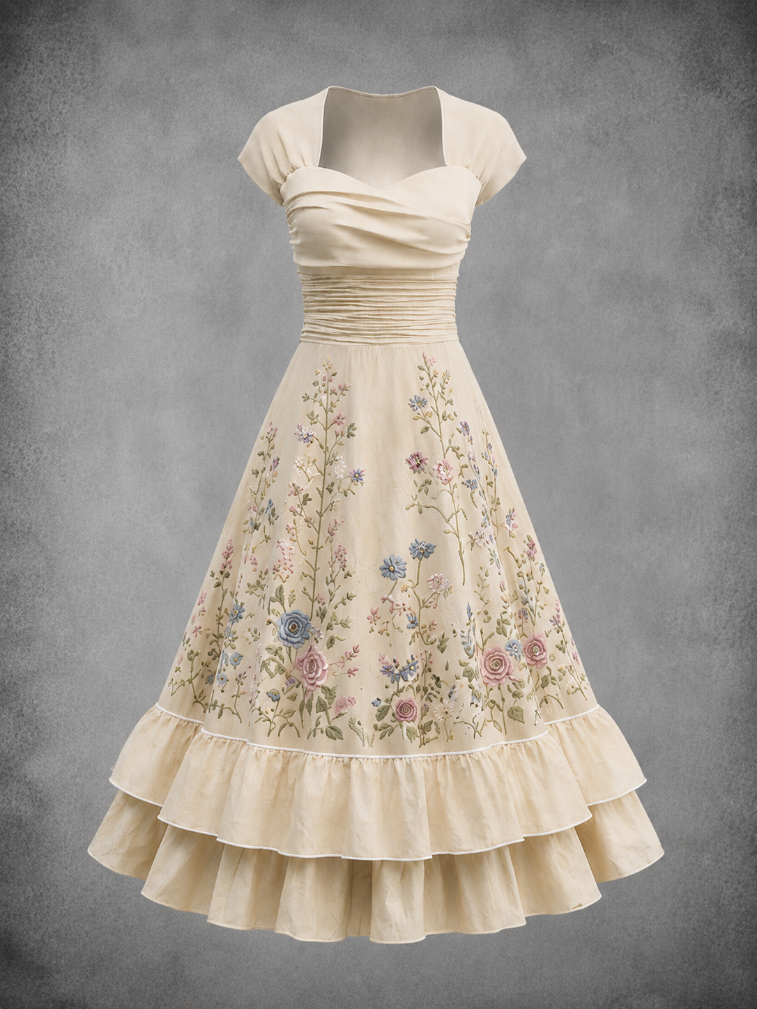 Floral Art Print Vintage Short Sleeve Midi Dress