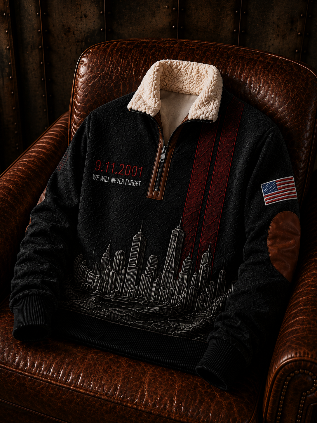 Men's U.S. 9.11 Never Forget Jacquard Fabric Zipper Fur Collar Long Sleeve Coat