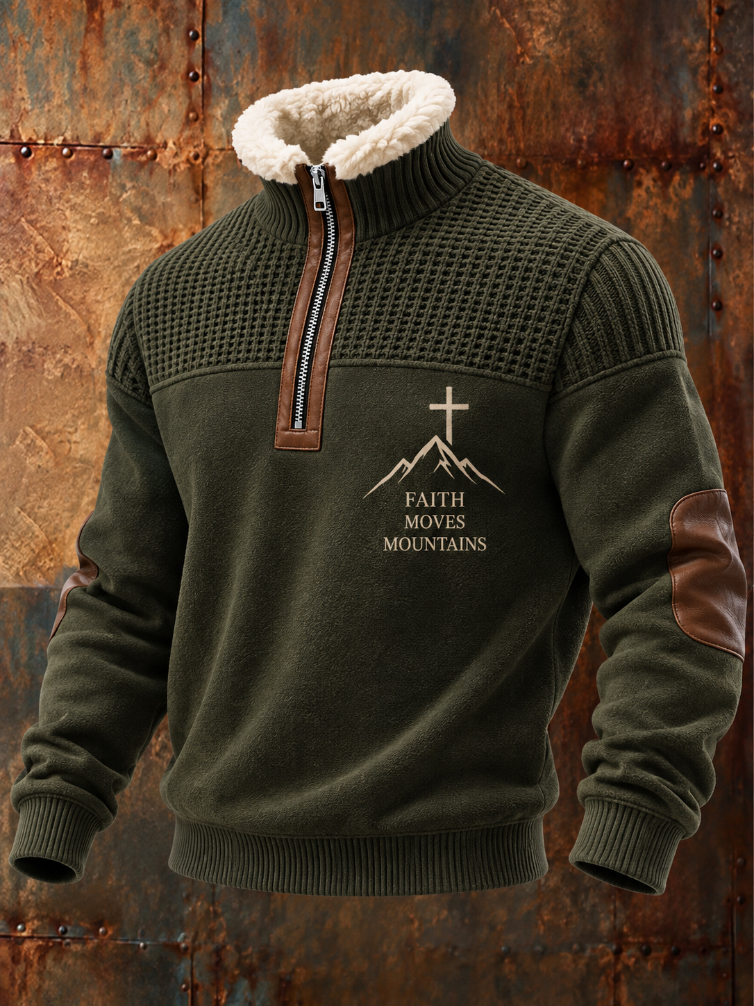 Men's Faith Art Zipper Fur Collar Long Sleeve Sweatshirt
