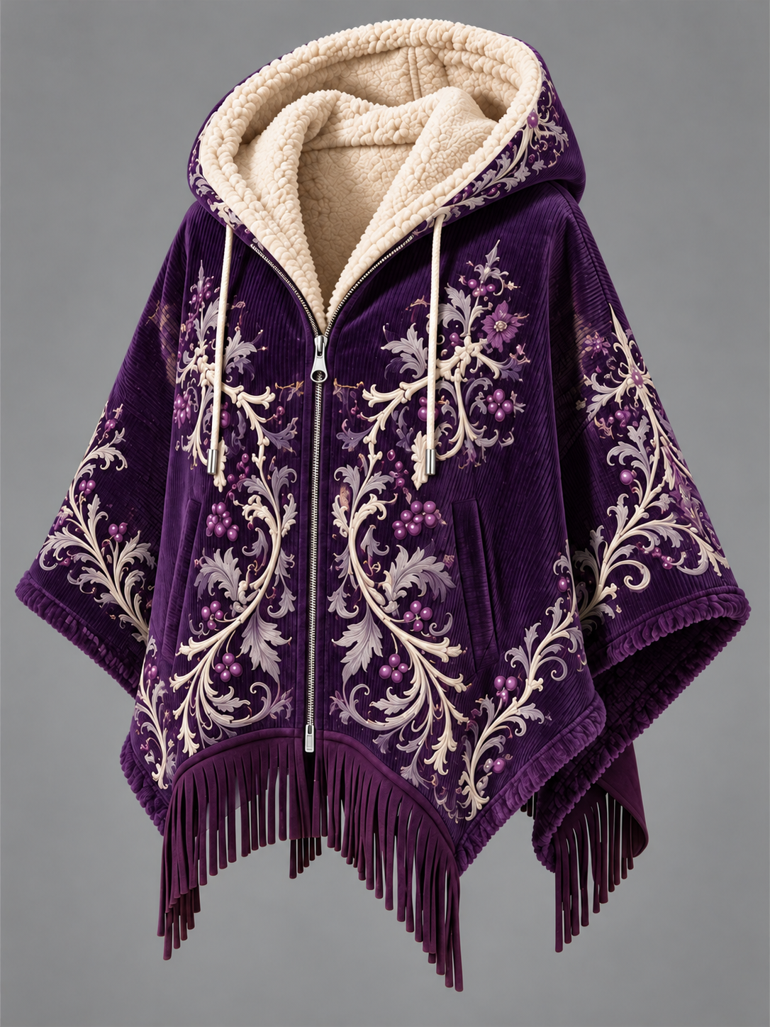 Women's Fall Winter Vintage Art Fleece-Lined Hooded Fringe Poncho