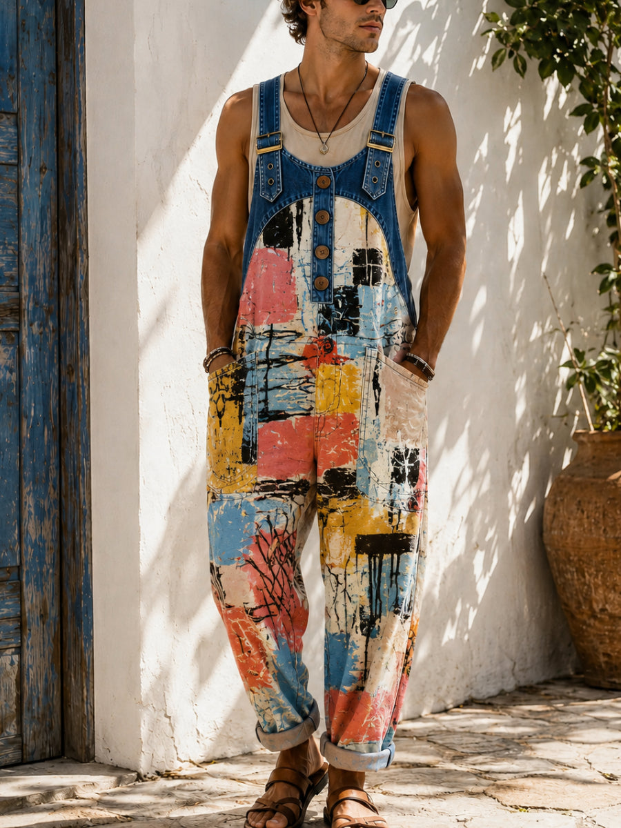 Men's Retro Art Print Casual Sleeveless Denim Patchwork Jumpsuit