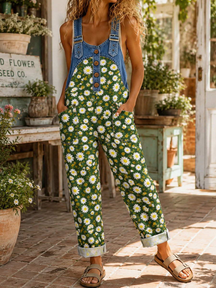 Women's Retro Style Art Print Washed Cotton Denim Patchwork Jumpsuit