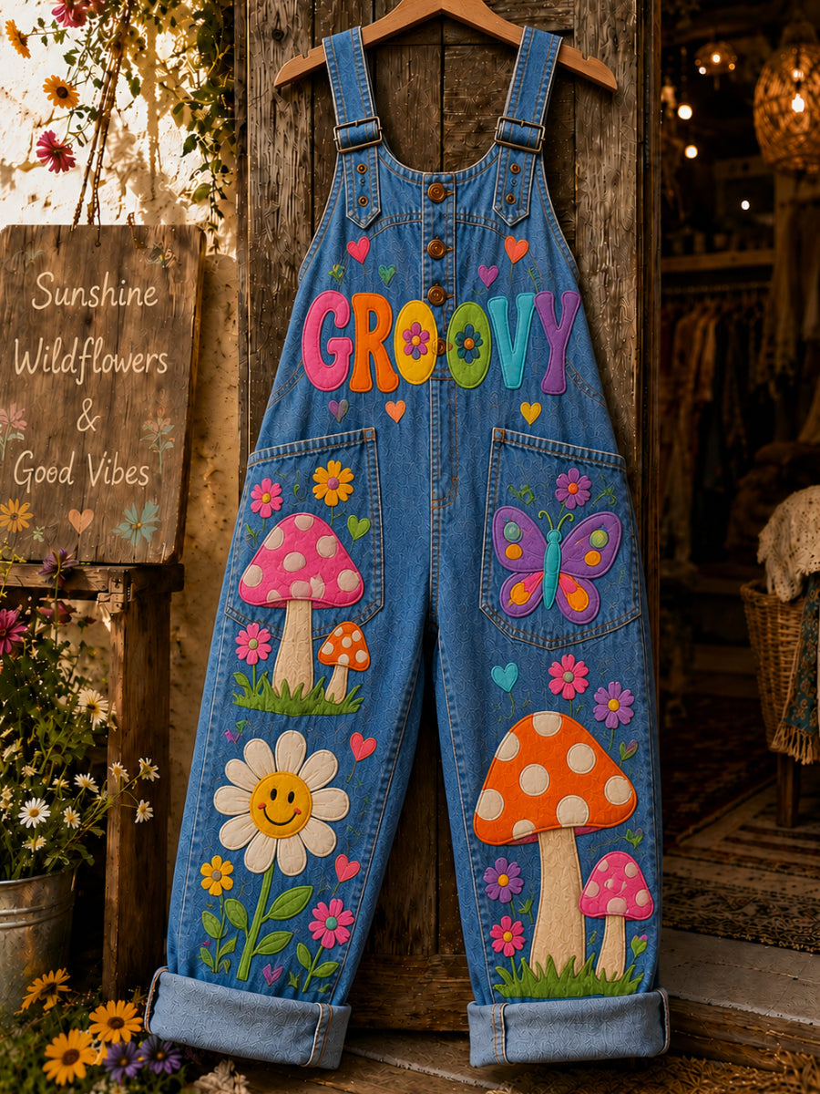 Women's Retro Art Print Denim Patchwork Jumpsuit