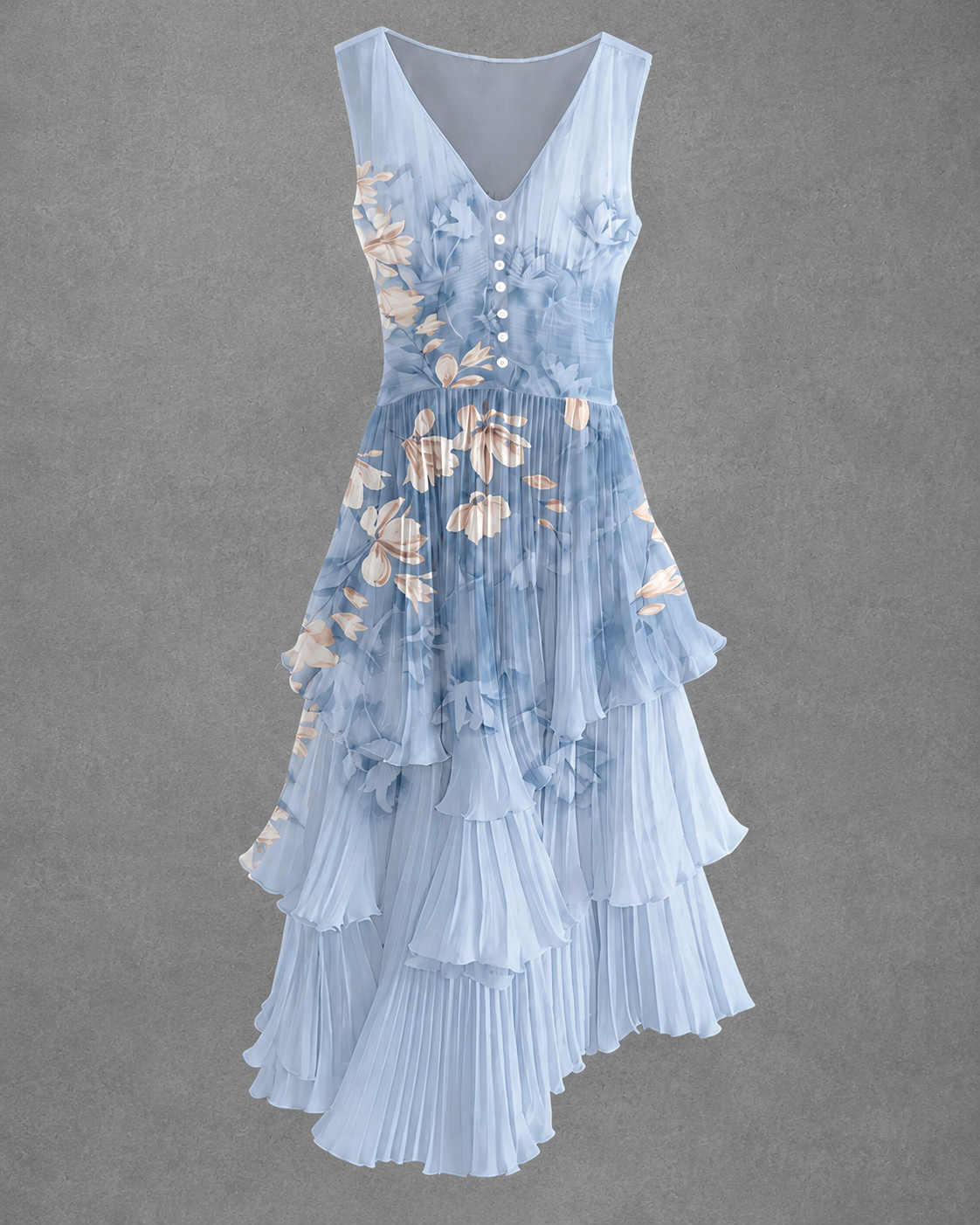 Floral Art Printed Vintage V-Neck Sleeveless Midi Dress