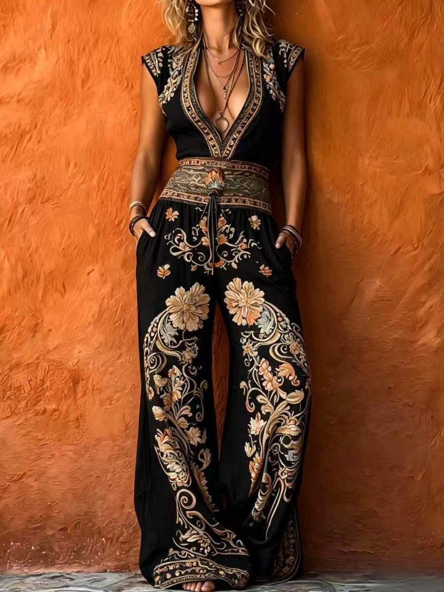 Women's Retro Art Print V-Neck Sleeveless Jumpsuit