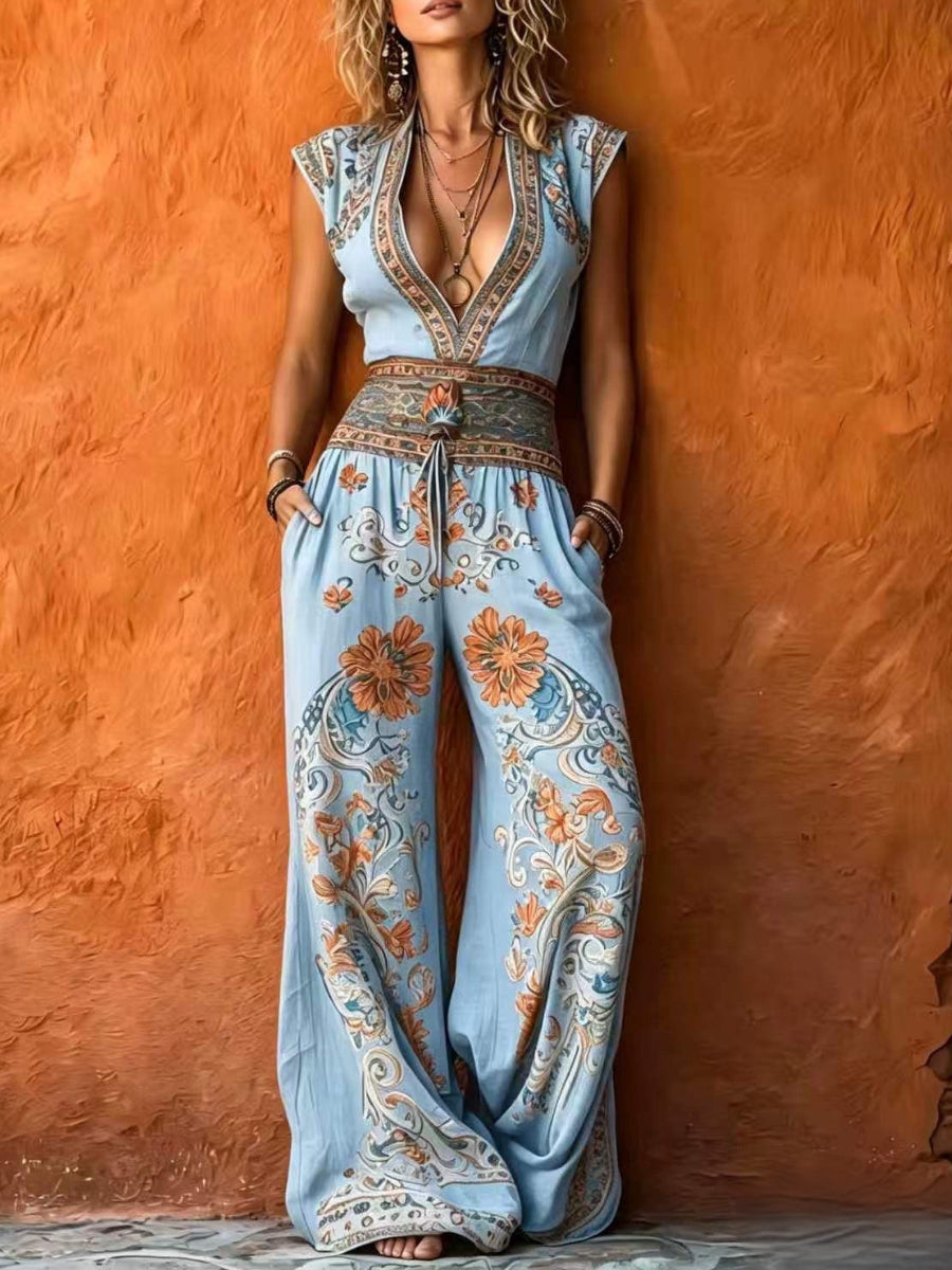 Women's Retro Art Print V-Neck Sleeveless Jumpsuit