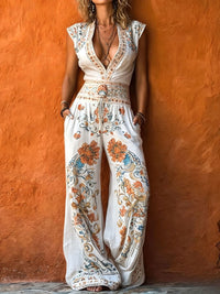 Women's Retro Art Print V-Neck Sleeveless Jumpsuit