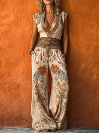 Women's Retro Art Print V-Neck Sleeveless Jumpsuit