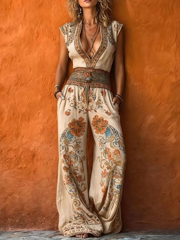 Women's Retro Art Print V-Neck Sleeveless Jumpsuit
