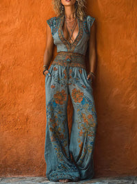 Women's Retro Art Print V-Neck Sleeveless Jumpsuit