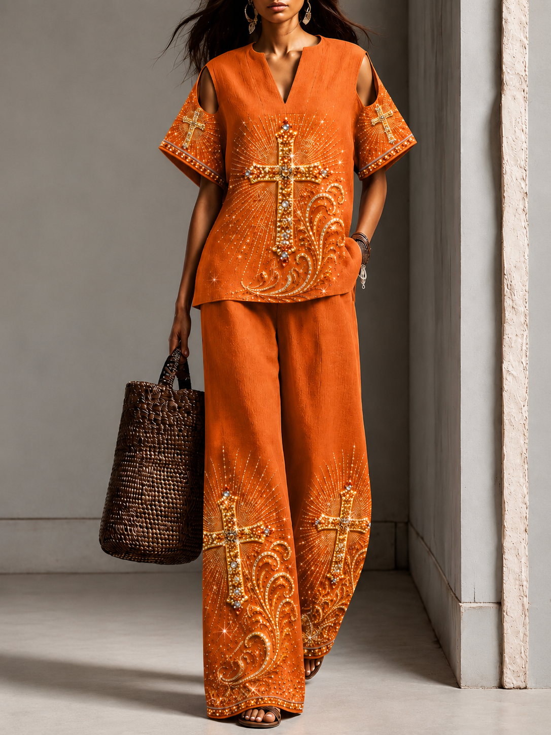 Faith Art Print Short Sleeve Shirt Casual Pants Two-Piece Sets