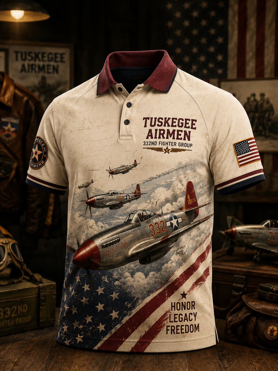 Men's Retro Red Tails Tuskegee Airmen Aircraft Print Polo Shirt