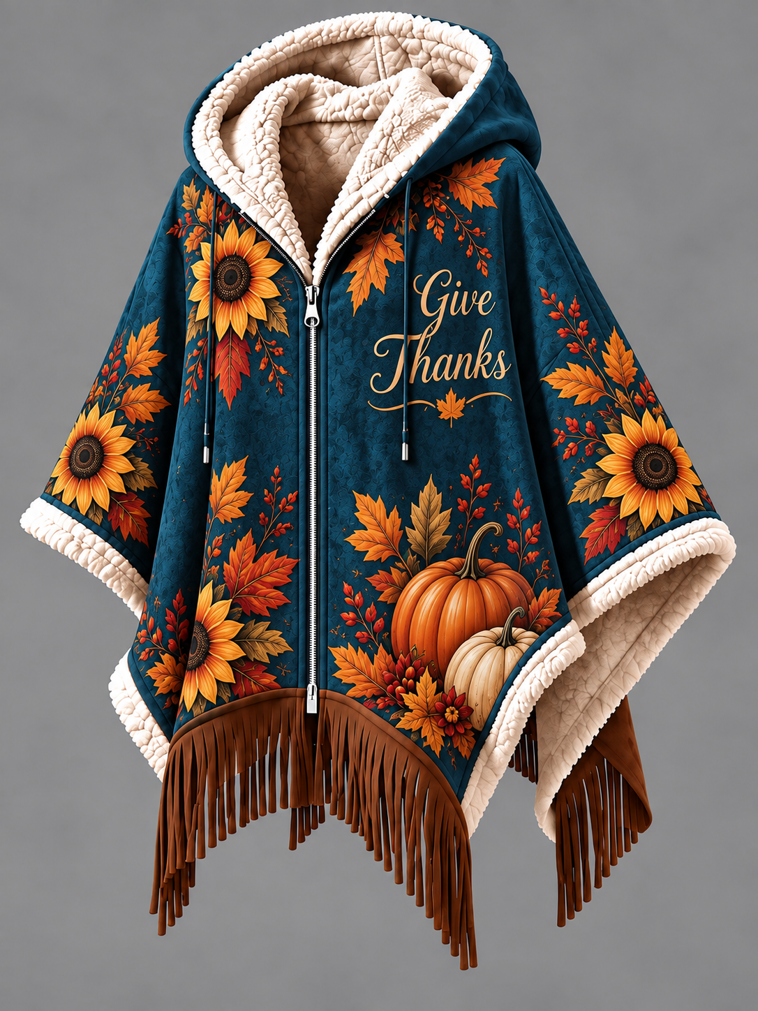 Women's Fall Winter Vintage Art Fleece-Lined Hooded Fringe Poncho