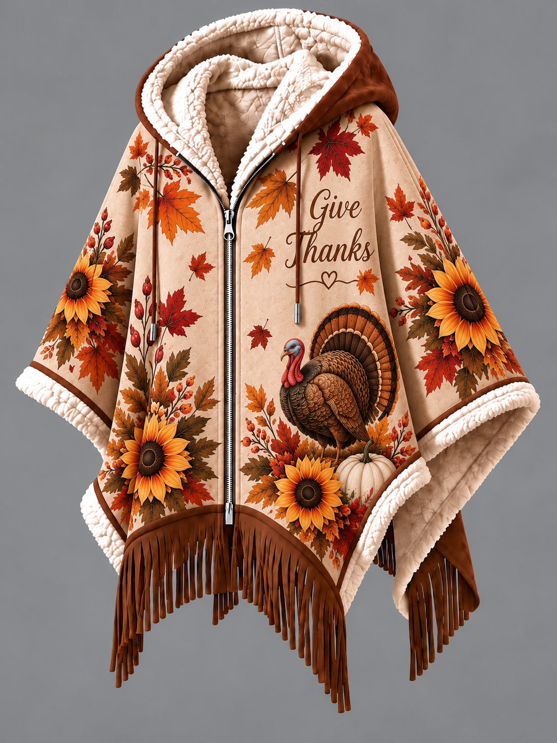 Women's Fall Winter Vintage Art Fleece-Lined Hooded Fringe Poncho