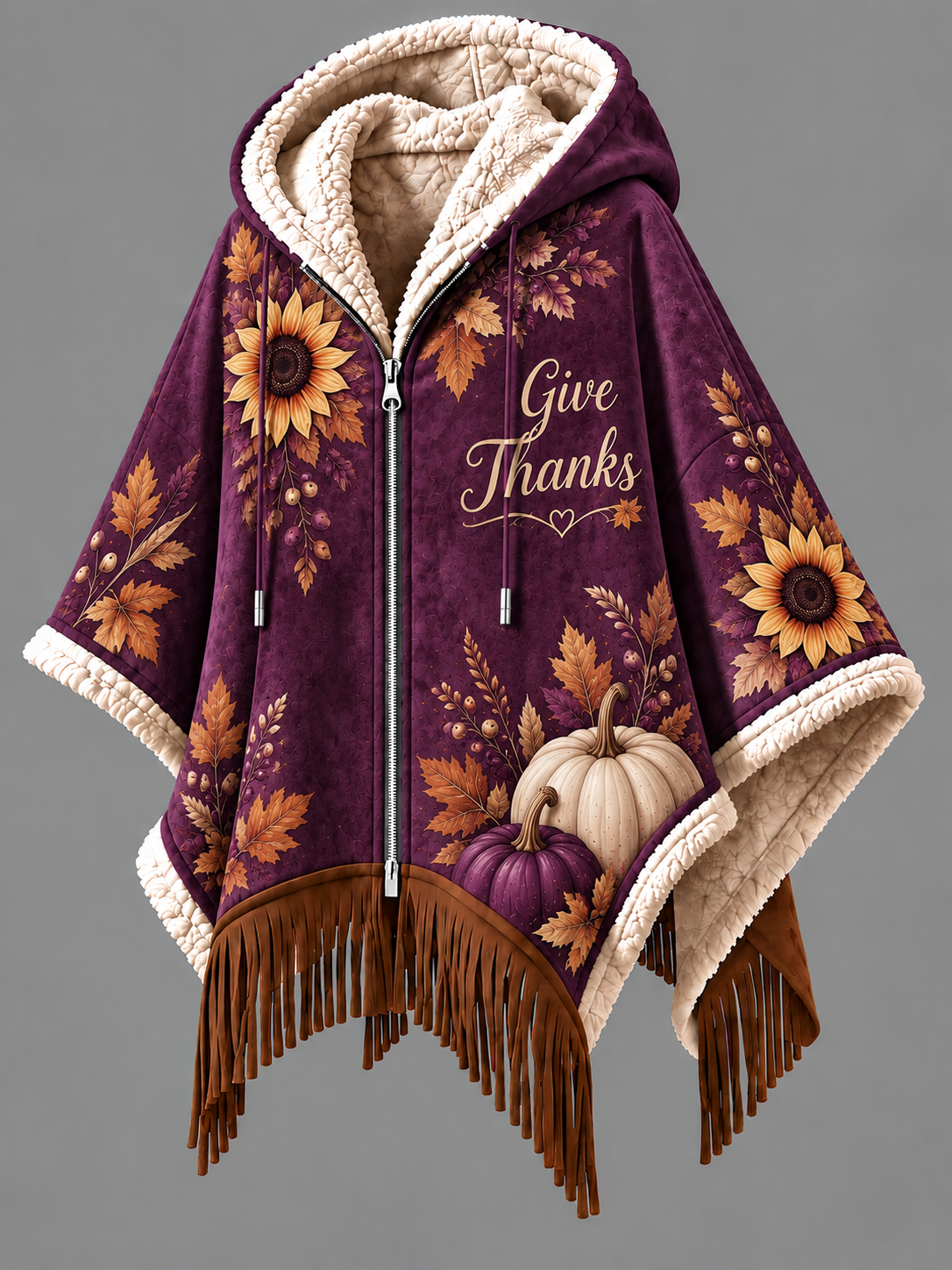 Women's Fall Winter Vintage Art Fleece-Lined Hooded Fringe Poncho