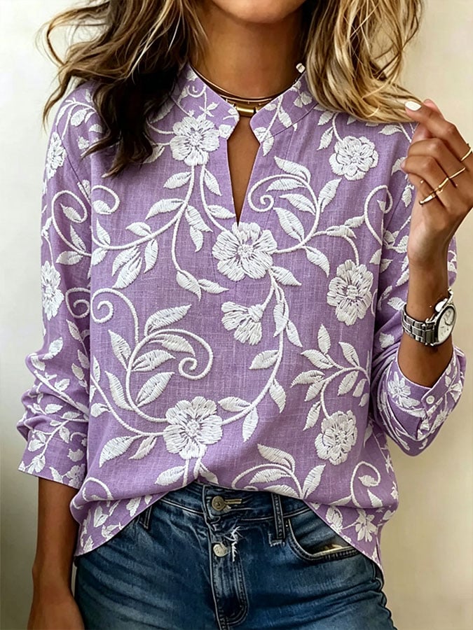 Women's Casual Purple Floral Art-Style Cotton-Linen Shirt