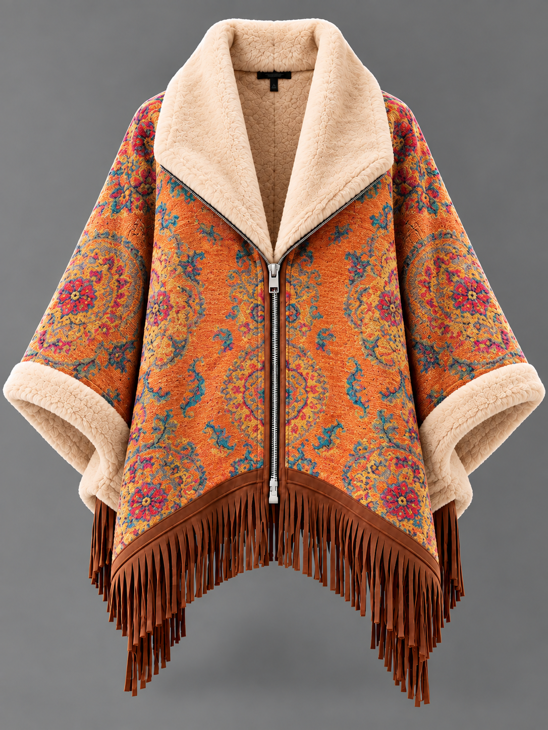 Women’s Vintage Boho Tapestry Fringe Poncho Coat