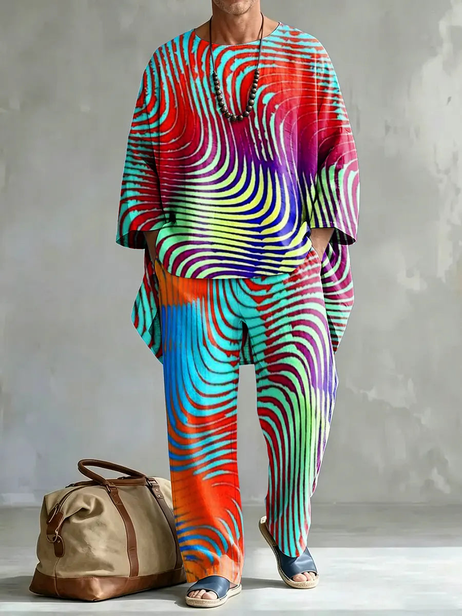 Men's Abstract Geometry Art Print Casual Comfort Crew Neck Top And Pants Two-piece Set