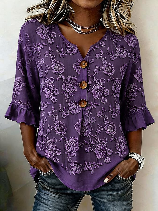Women's Casual Purple Floral-Print Cotton-Linen Shirt