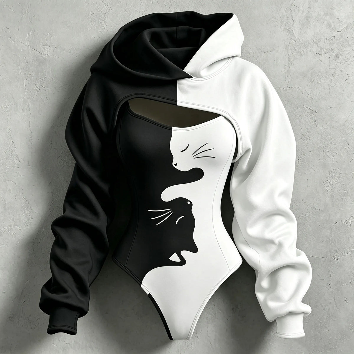 Women's Retro Halloween Color Block Cat Print Hoodie Two-piece Set