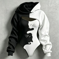 Women's Retro Halloween Color Block Cat Print Hoodie Two-piece Set