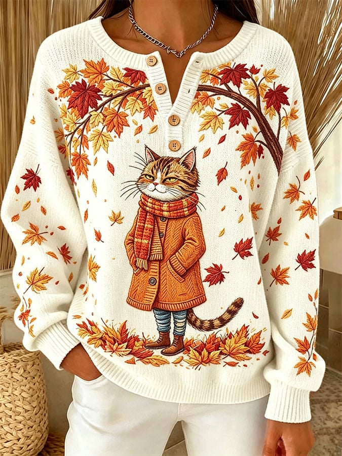 Women's Casual Print Button-Up Collar Knit Top