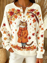 Women's Casual Print Button-Up Collar Knit Top