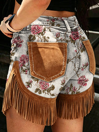 Women's Retro Style Art Print Casual Leather Fringe Patchwork Pocket Shorts