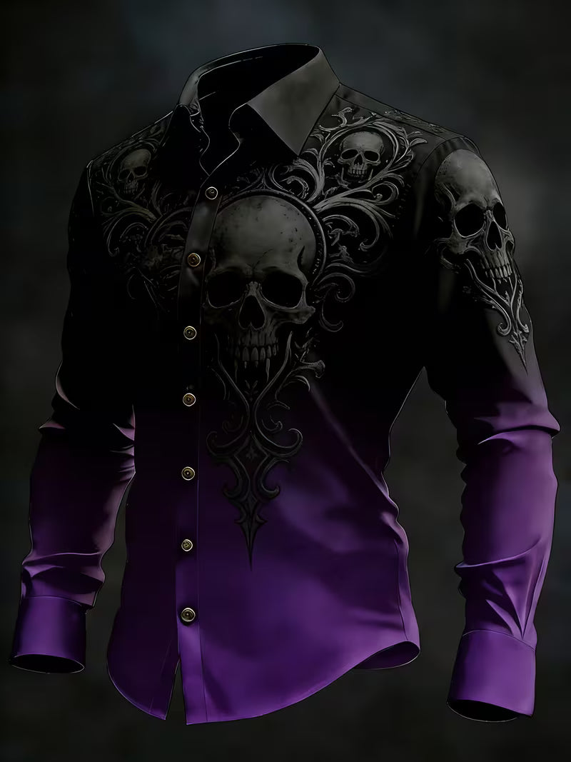 Gothic Skull Halloween Art Print Vintage Casual Long Sleeve Shirt
