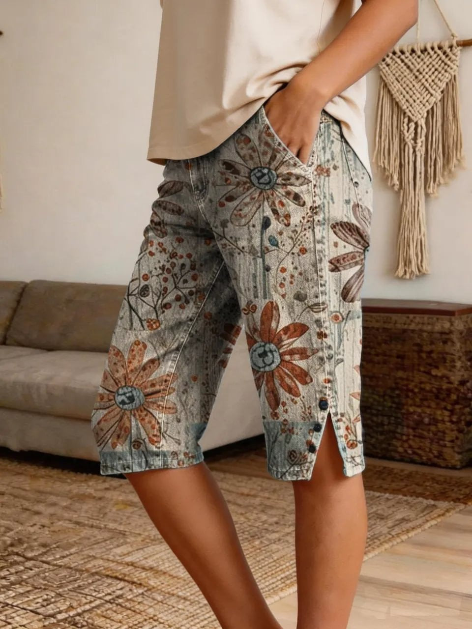 Retro Floral Print Vintage Casual Denim Shorts