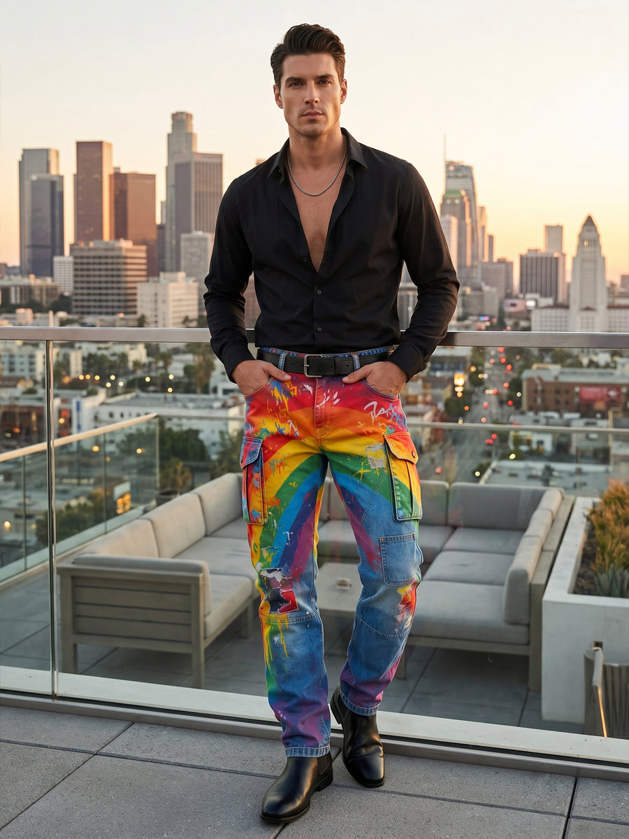 Men's Retro Rainbow Pattern Printed Casual Work Pants