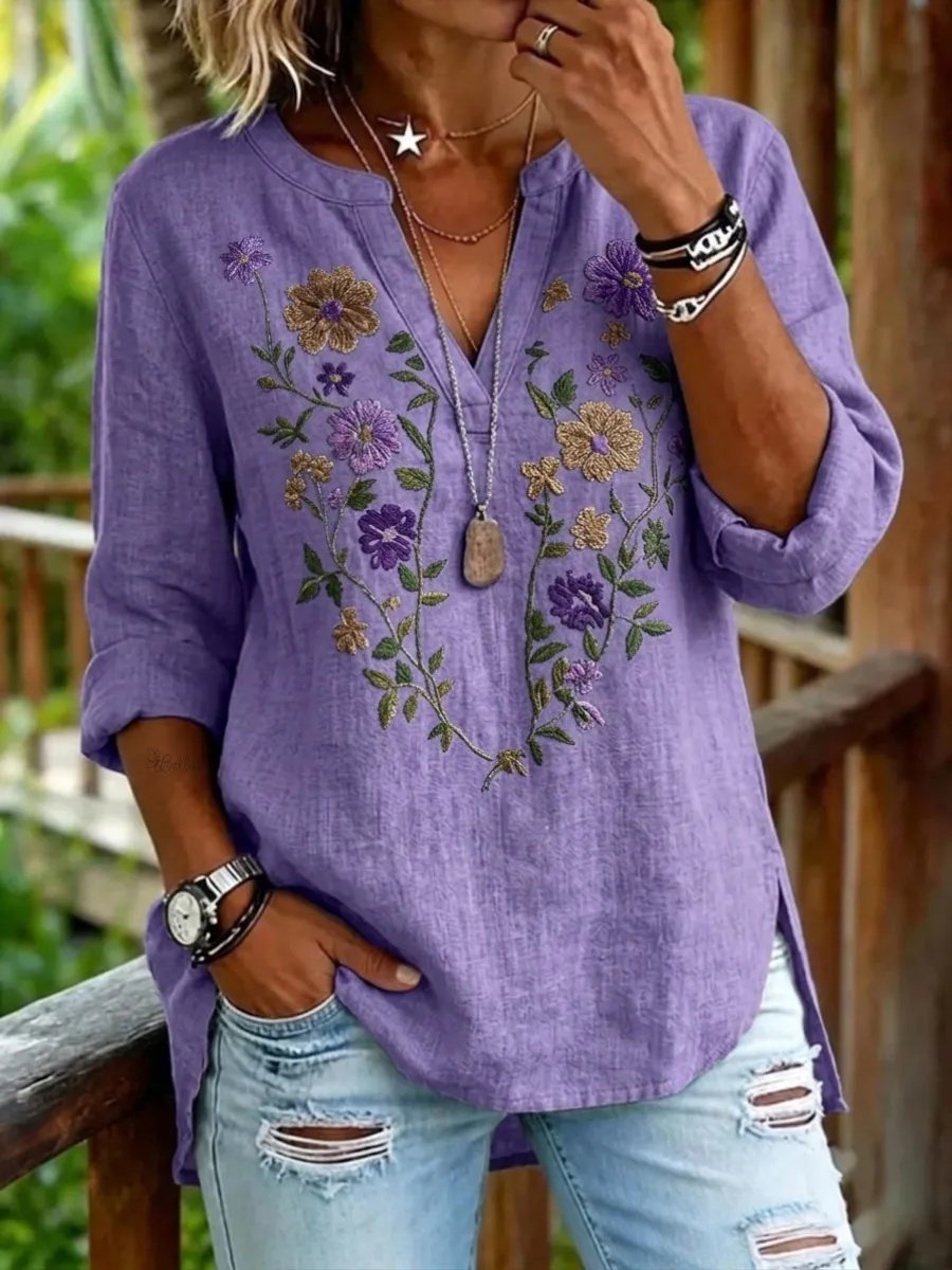 Women's Linen-Cotton Floral Casual Top