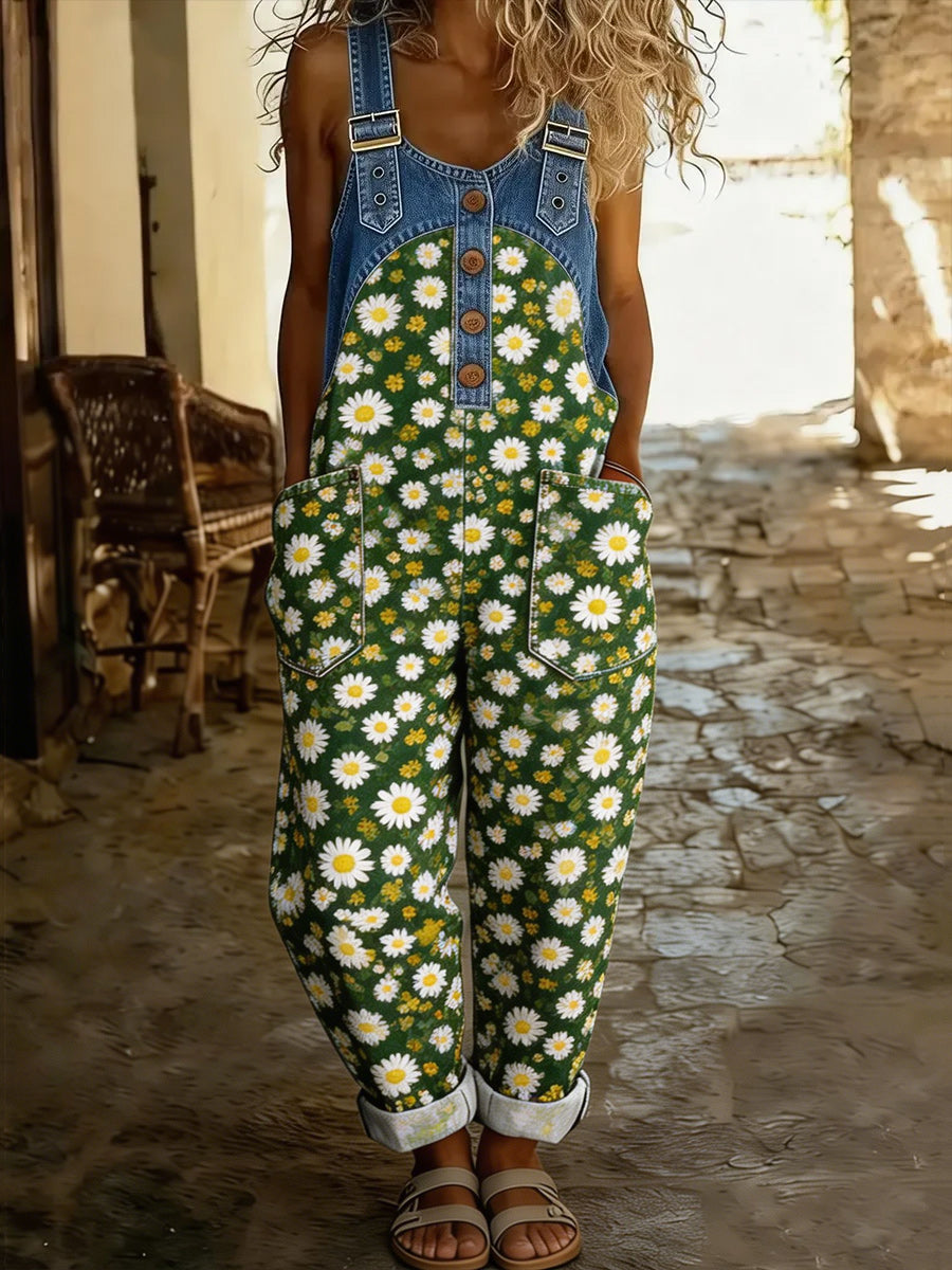 Women's Retro Style Art Print Washed Cotton Denim Patchwork Jumpsuit