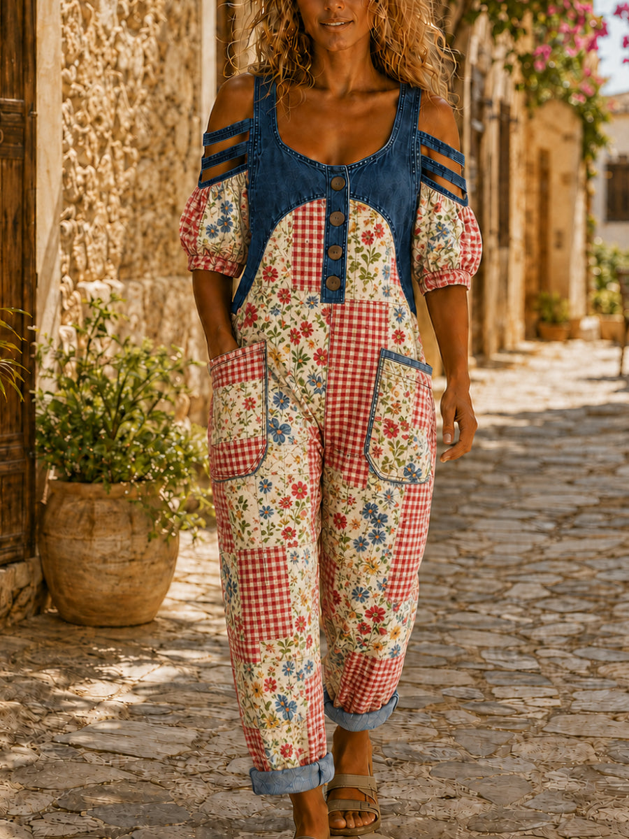 Women's Casual Short Sleeve Denim Patchwork Jumpsuit