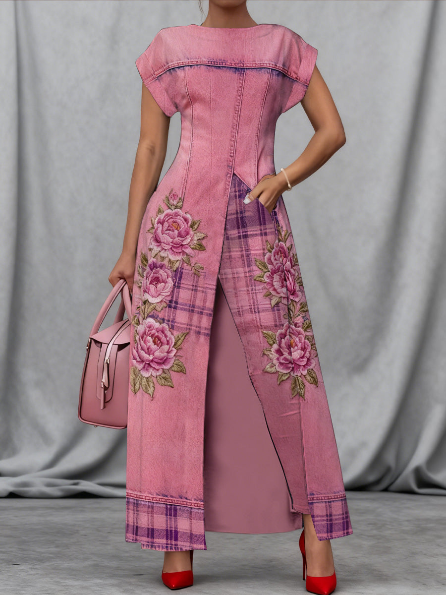 Retro Boho Denim Floral Art Print Vintage Long Split Shirts Dress Skinny Pants Two-Piece Set