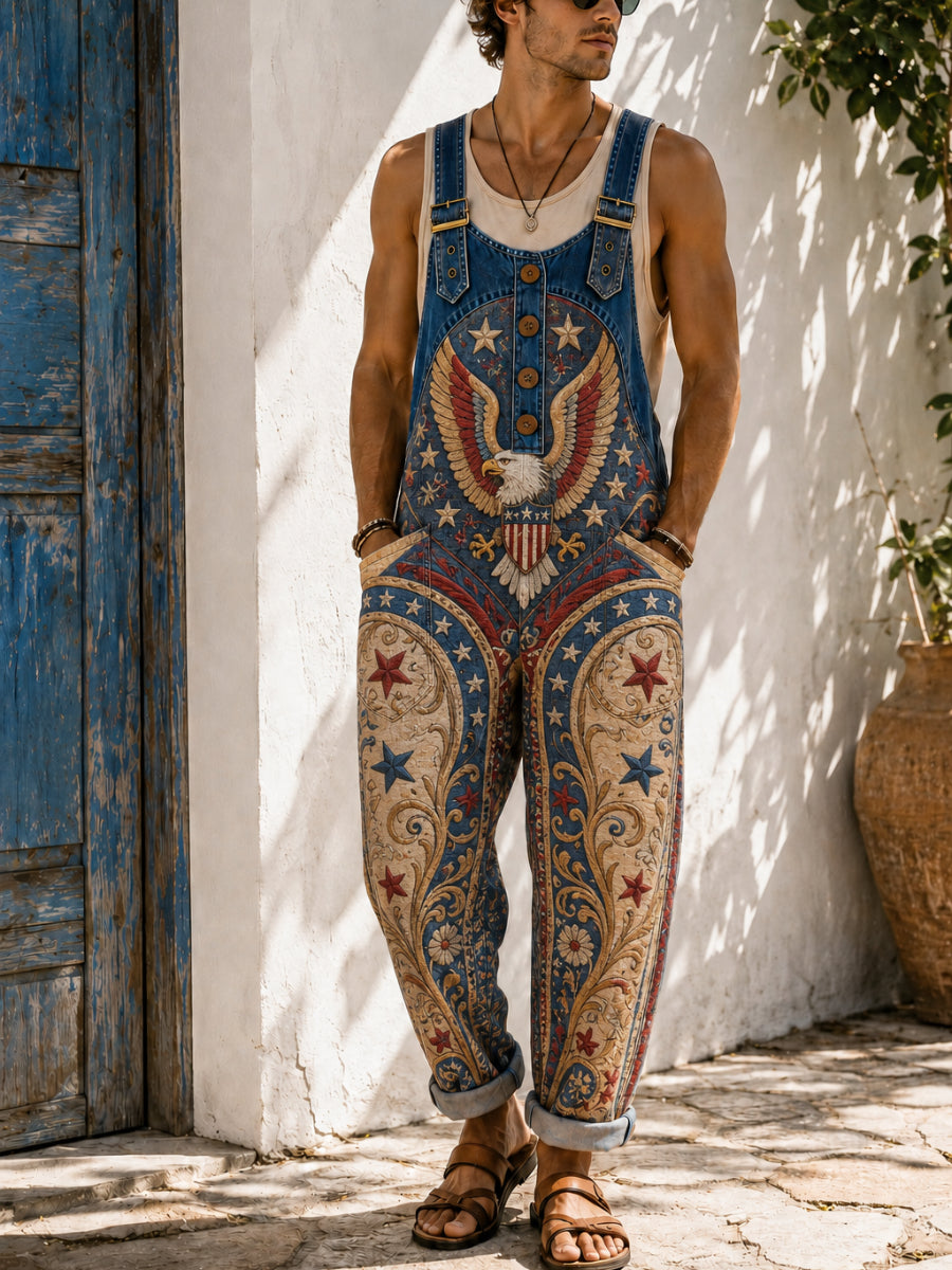 Men's Retro Art Print Casual Sleeveless Denim Patchwork Jumpsuit