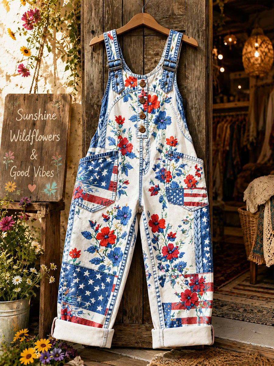 Women's Retro Style Art Print Washed Cotton Denim Patchwork Jumpsuit