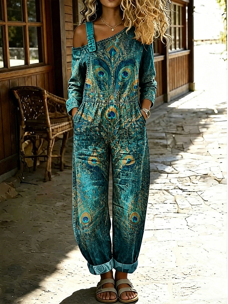 Women's Retro Style Floral Art Print Washed Cotton Denim Patchwork Jumpsuit