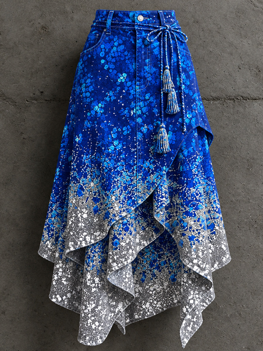 Women's Retro Style Art Print Irregularly Layered Stitched Skirt