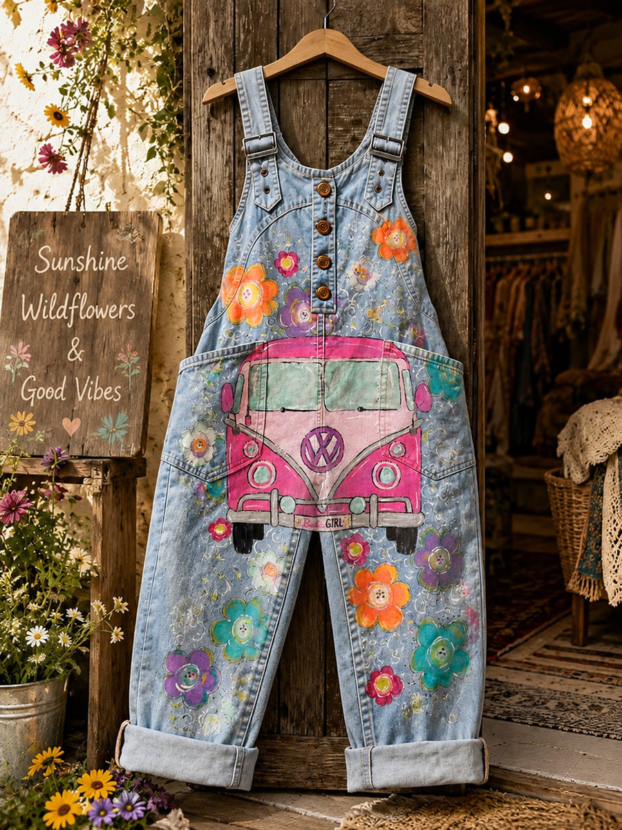 Women's Retro Style Art Print Washed Cotton Denim Patchwork Jumpsuit