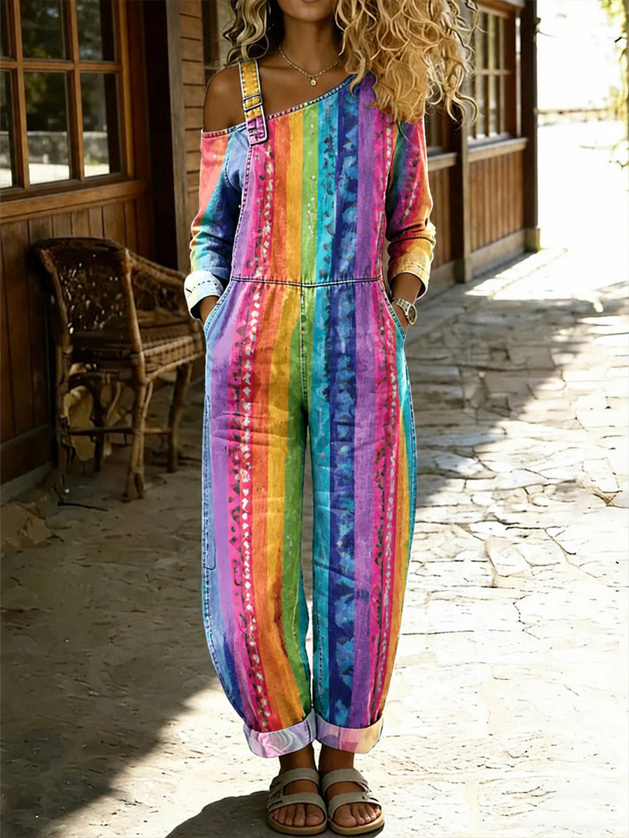 Women's Retro Pride Month Rainbow Art Print Washed Cotton Denim Patchwork Jumpsuit
