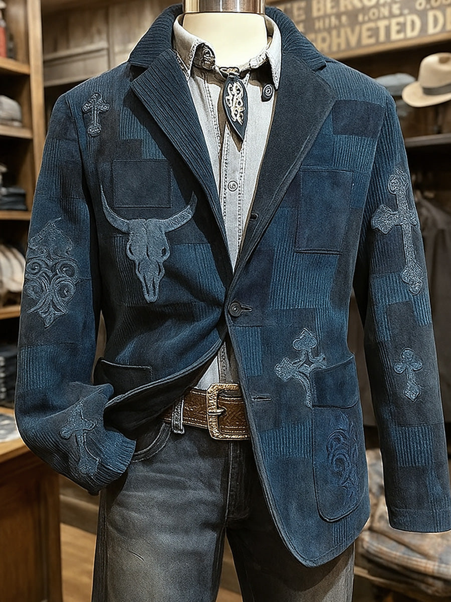 Men's Retro Western Style Art Print Casual Pocket Blazers