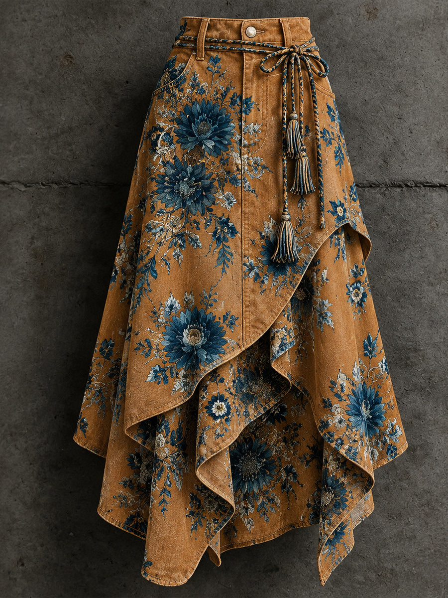 Women's Retro Style Art Print Irregularly Layered Stitched Skirt