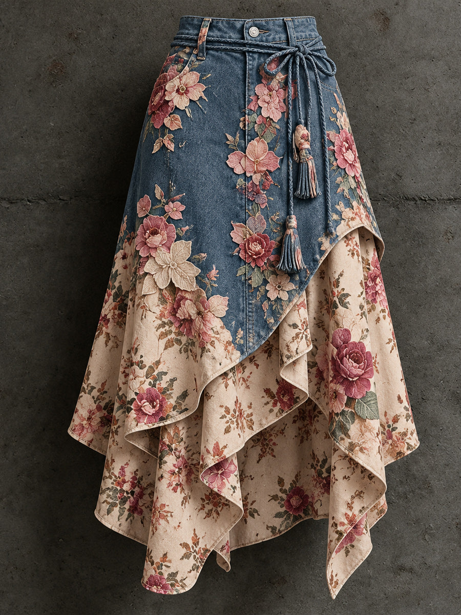 Women's Retro Style Art Print Irregularly Layered Stitched Skirt