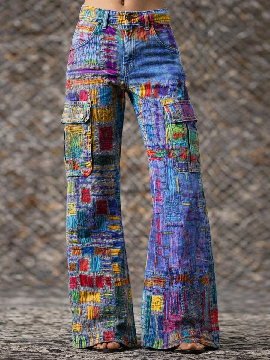 Women's Retro Art Print Casual Workwear Style Wide Leg Pants