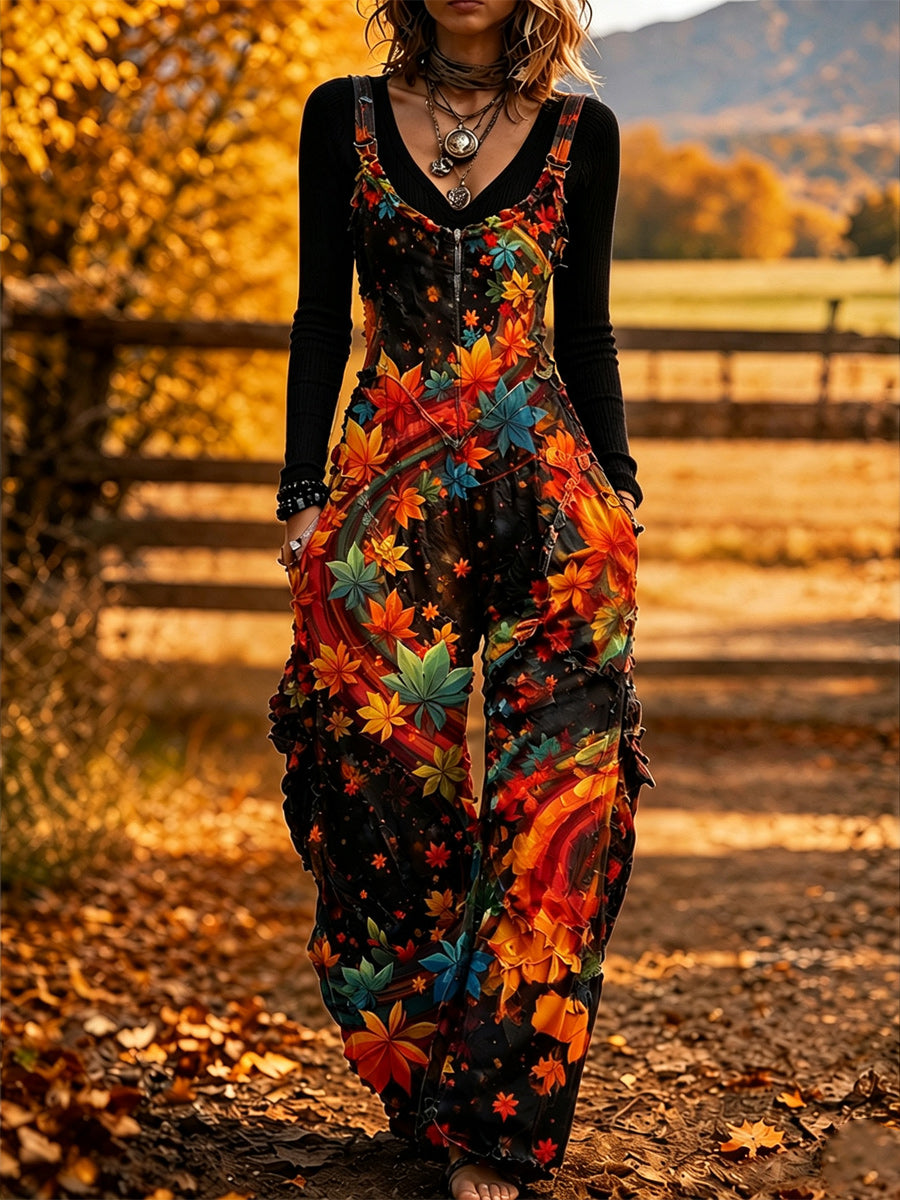 Women's Retro Autumn Style Art Print Washed Cotton Denim Patchwork Jumpsuit