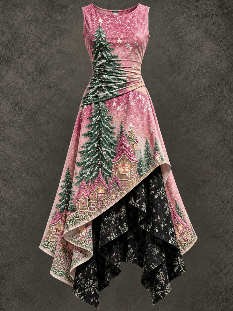 Retro Art Printed Vintage Sleeveless Irregularly Layered Stitched Midi Dress