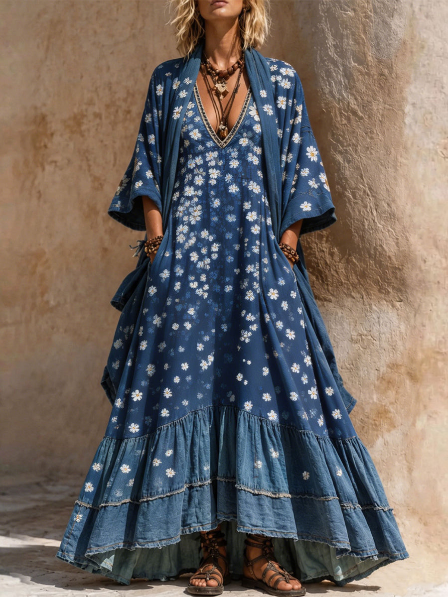 Retro Style Art Printed Vintage Camisole Dress Long Sleeve Two-Piece Maxi Dress