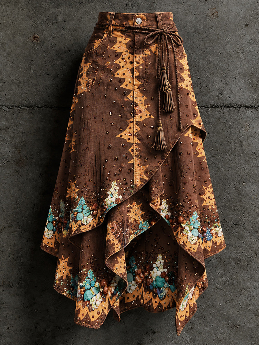 Women's Retro Style Art Print Irregularly Layered Stitched Skirt