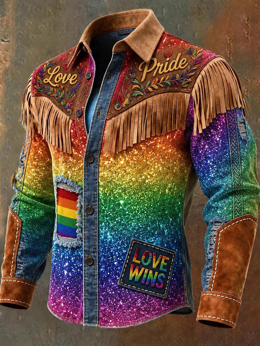 Men's Retro Pride Month Rainbow Art Print Western Vintage Tassel Casual Long Sleeve Shirt